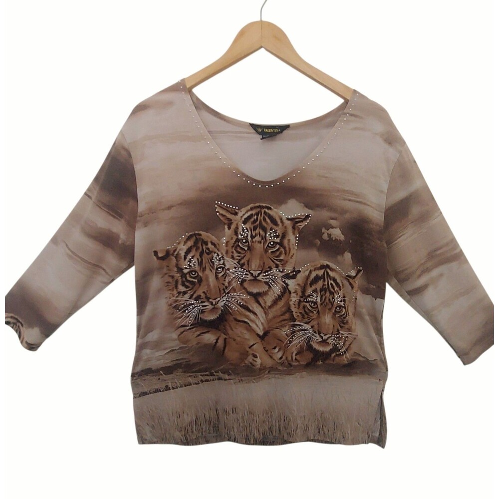 Valentina Womens XL Tiger Print Top Studded Rhinestone Accents